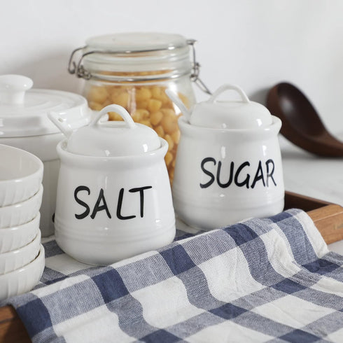 '-12 oz Set, Counter, Salt and Sugar Bowls with Lid and Spoon Ceramic Salt and Sugar Cellar Salt and Sugar Containers