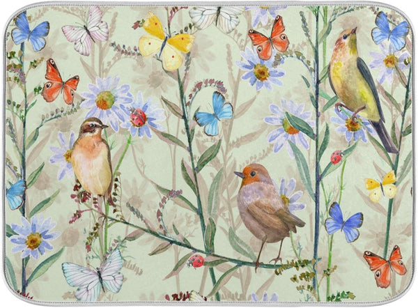 Flowers Birds Dish Drying Mats for Kitchen Counter Decor, 16"x18", Colorful Summer Butterfly Draining Mat