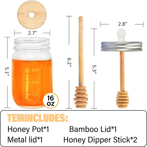 16oz Set,Honey GIVAMEIHF Glass Honey Jar with Dippers Stick Pot with Dipper and Lid,Honey Containers for Airtight Syrup