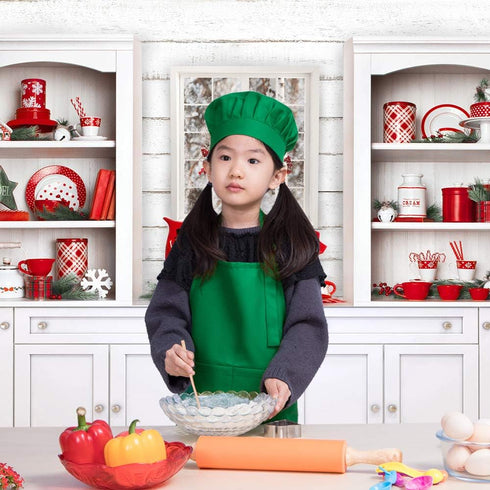Kids Apron and Chef Hat Set, Adjustable Bib Apron with 2 Pockets, Cute Boys Girls Kitchen Apron (2-5 Year, Green)