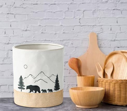 Bear Utensil Holder for Countertop, Ceramic Kitchen Utensil Crock, Large White Cooking Utensil Holder with Forest Design