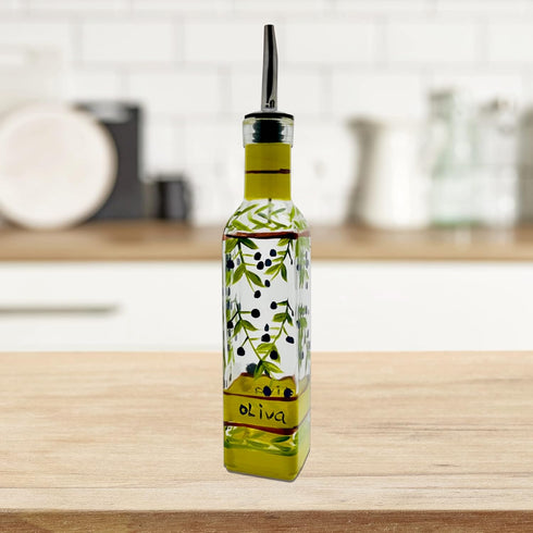 Hand Painted Glass Olive Branch Oil/Vinegar Cruet, 8 oz Dispenser with Stainless Steel Spout for Kitchen