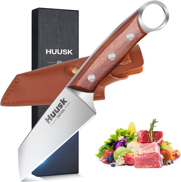 Huusk Japan Small Meat Knife, Portable Kitchen Knives for Steak, Fruit, Carbon Steel Boning Knife, Vegetable Knife with
