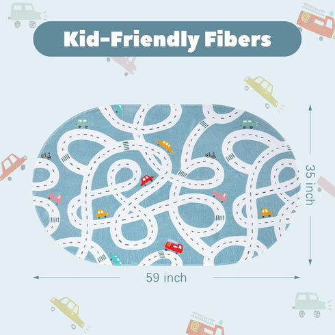 3'x5' LIVEBOX Blue Non-Slip Kids Play Rug, Machine Washable Road Mat for Playroom, Toy Room Carpet with Cartoon Design