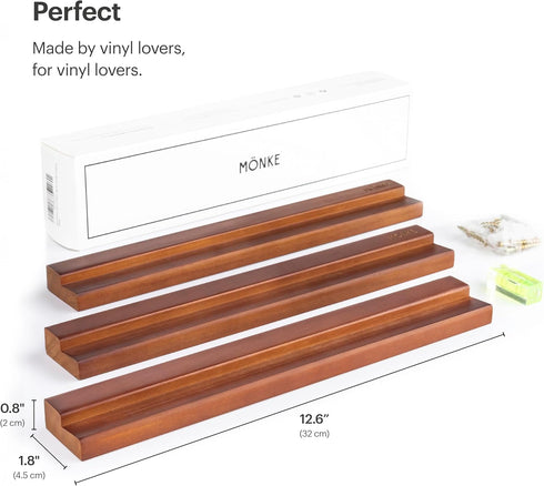 Vinyl Record Wall Mount - 3 Elegant Display Ledges Made from Solid Wood for Records of Any Size (Brown)