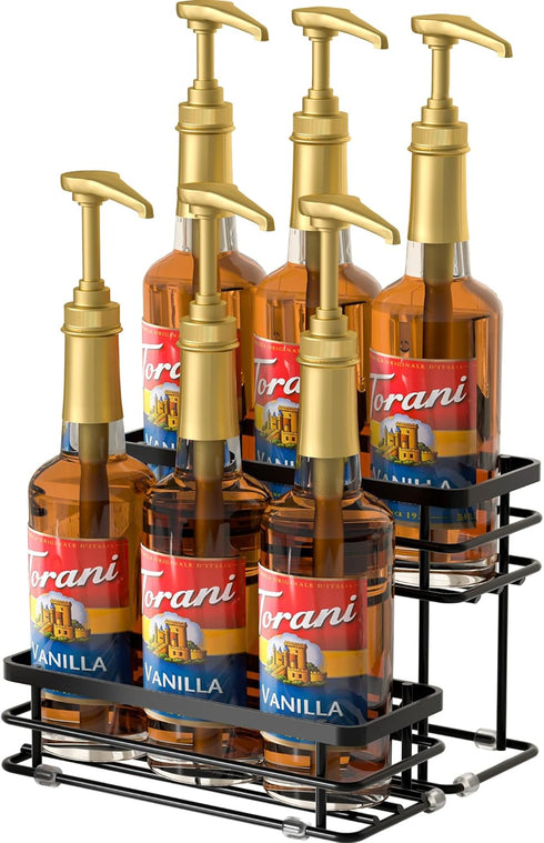 Coffee Syrup Rack Organizer - 2-Tier Stand for 6 Bottles Storage on Kitchen Countertop (Black)