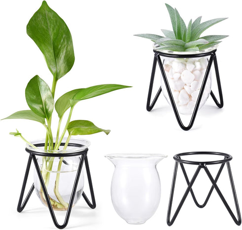 3 Bulb Jspupifip Pcs Glass Plant Terrarium with Metal Stand, Air Plants Holders Hydroponic Plant Vases Desktop Glass