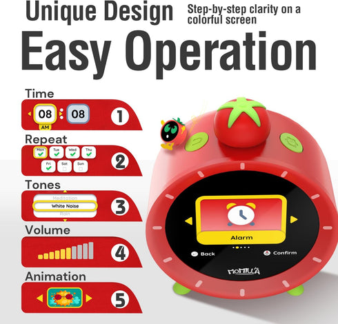 7-Day Programmable 4 MOMILLA Kids Alarm Clock for Bedrooms, Colorful Display Alarms, Visual Timer with White Noise