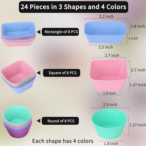 24 pcs Silicone Cupcake Baking Cups, Reusable Non-Stick Liners for Muffins, Pastry Cake Molds in 3 Shapes Multicolor