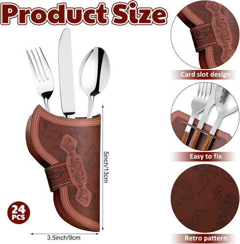 24 Pcs Cowboy Holster Silverware Holders Cardstock Brown Cutlery Sleeve Knife and Fork Tableware Holder Pocket Vintage Utensil Holders Pouch Bags for Western Party Table Decorations