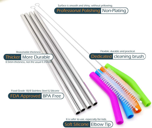 Big Drinking Straws Reusable, 12" Extra Long 8mm Extra Wide Food-Grade 18/8 Stainless Steel with Silicone Elbows Tips