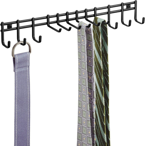 Closet Wall Mount Metal Accessory Organizer and Storage Center mDesign - 12 Hooks, 2 Pack, Matte Black for Ties, Belts,