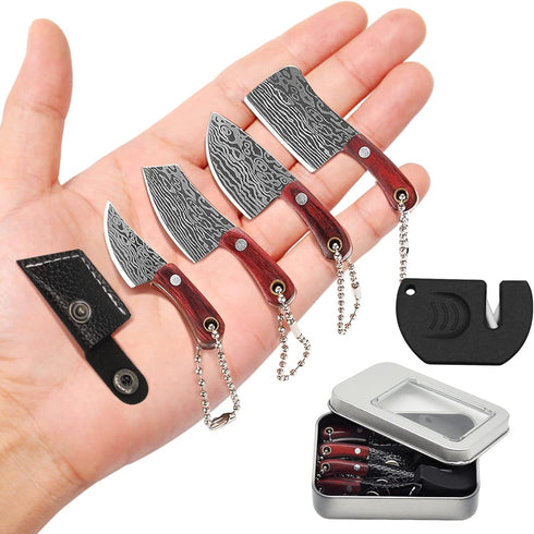 Mini Knife Set, Damascus Pocket Knife Set with Sharpener, Tiny Knife Cleaver Keychain Set of 5