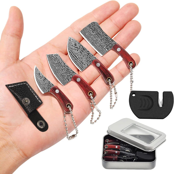 Mini Knife Set, Damascus Pocket Knife Set with Sharpener, Tiny Knife Cleaver Keychain Set of 5