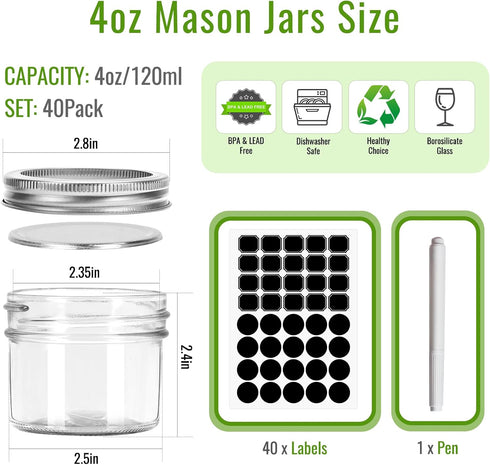 4 oz Mason Jars with Lids and Bands, 40 Pack Regular Mouth Glass Canning Jars for Jam, Honey, Wedding Favors
