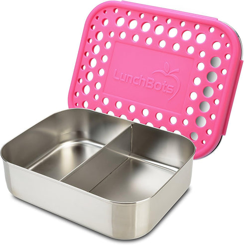 LunchBots Medium Duo Snack Container - Divided Stainless Steel Food Container with Pink Dots