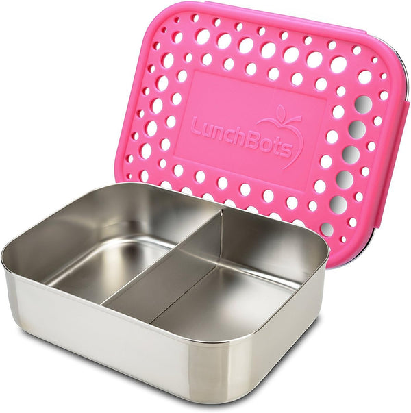 LunchBots Medium Duo Snack Container - Divided Stainless Steel Food Container with Pink Dots