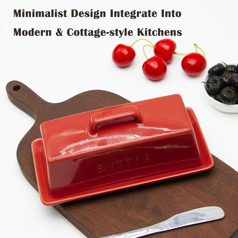 MKYHBOO Countertop, Ceramic Butter Dish With Lid for Covered Butter Holder With Lid, Red Butter Container, Butter Tray