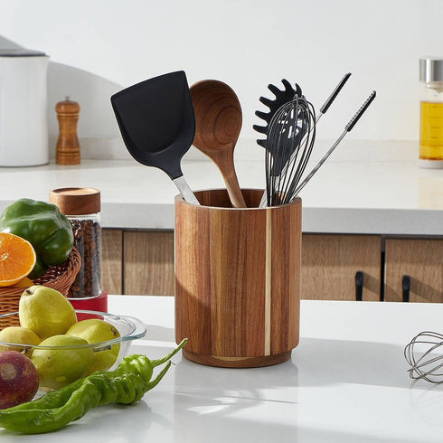 Acacia Wood Utensil Holder - 360° Rotating 7.2" Large Kitchen Utensil Storage Organizer for Countertops