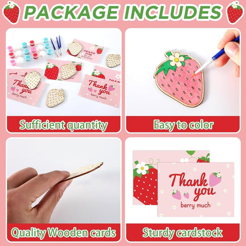 24 Set Strawberry Happy Birthday Party Favors Cards with Wood Painting Crafts Strawberry Coloring Party Supplies