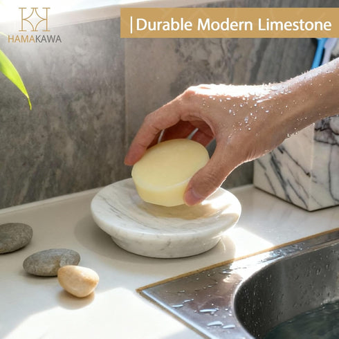 4.5 Inch, Natural Marble Soap Dish, Round White Jewelry Dish Limestone Shower Soap Holder, Modern Stone Sponge Holder