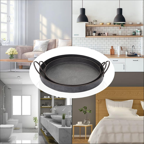Hipiwe Set 2 13.6 inch 12.2 inch of Industrial Style Metal Iron Serving Tray with Handle, Rustic Galvanized Storage