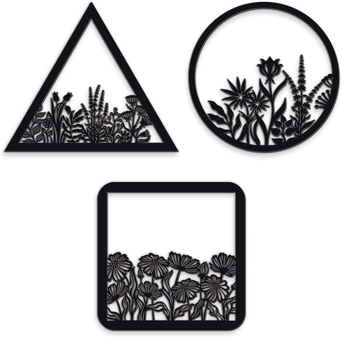 3 Pieces Geometry Wall Art, Dark Black Wooden Floral Wall Decor for Home Dining Room Christmas Favor