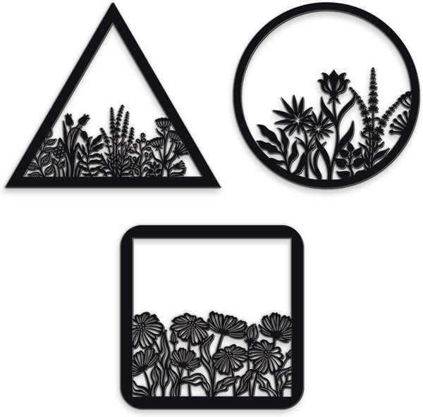 3 Pieces Geometry Wall Art, Dark Black Wooden Floral Wall Decor for Home Dining Room Christmas Favor