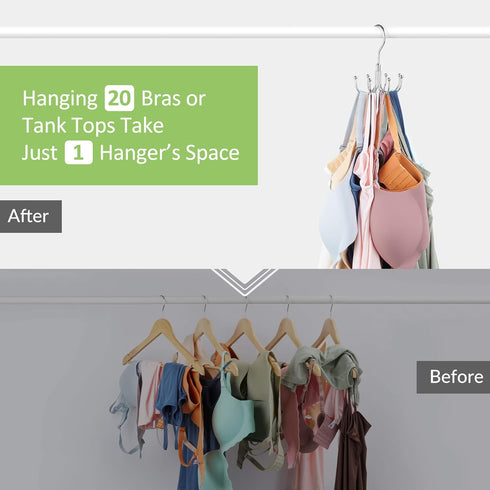 Bra Hanger for Closet, Rotatable Metal Tank Top Organizer with Max 24 Capacity for Sport Bra Storage (Silver, 1 Pack)
