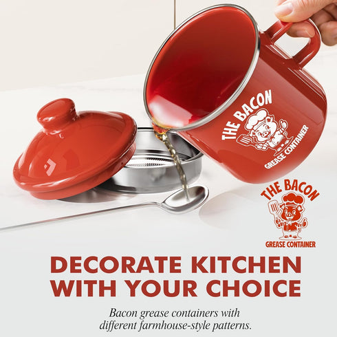 15OZ PGYARD Mini Bacon Grease Saver With Strainer - Enamel Grease Container, Farmhouse Bacon Grease Keeper For Kitchen