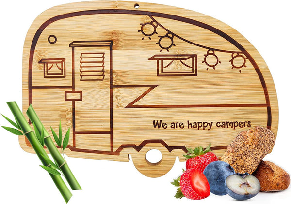 Happy Camper Bamboo Cutting Board, Retro RV Engraved Camping Cutting Board, Gift for Couple
