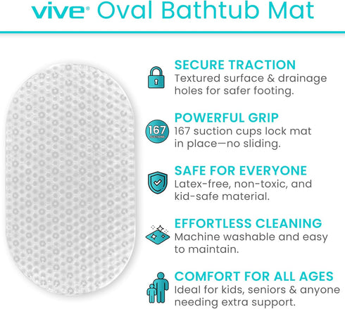 Vive Oval Bathtub Mat - Nonslip Shower Floor Pad - Non-Slip and Non-Skid for Bath Tub with Strong Rubber Suction Cup