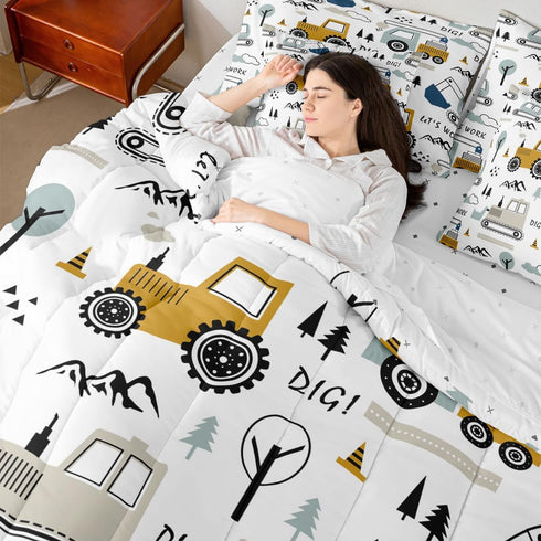 Set 7 Set Set Feelyou Cartoon Car Kids Comforter with Sheets Piece Twin Size Construction Bedding Boys Decor Equipment