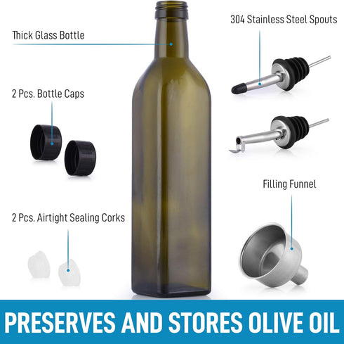 Zulay Kitchen 17oz Olive Oil Dispenser Bottle - Dark Brown Glass Container with Spout, Funnel & Pourer