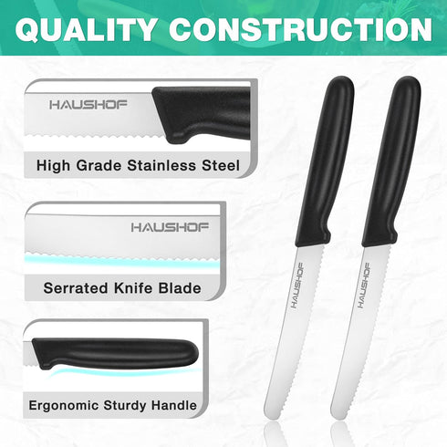 HAUSHOF Set of 8 Serrated Steak Knives, Premium Stainless Steel with Gift Box, Black Handle