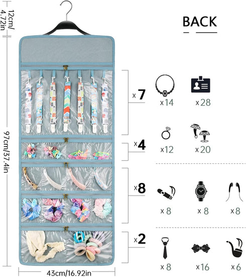 SMRITI Hanging Jewelry Organizer, Dual Zippered Pockets, Canvas Double Sided Rotating Hanger (Light Blue)