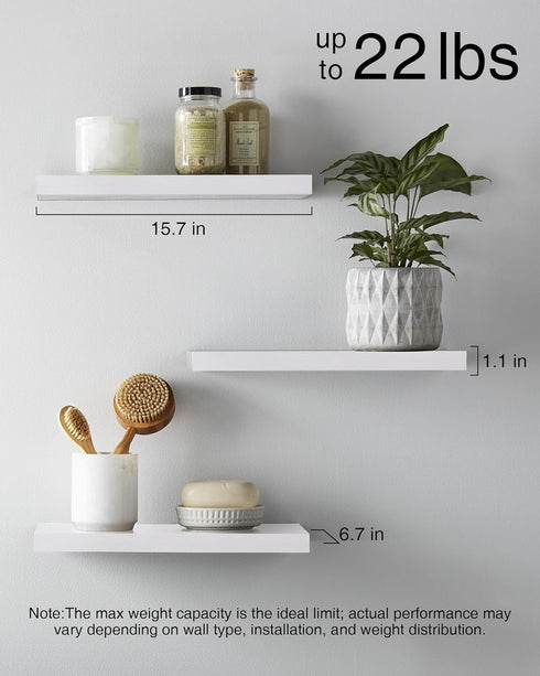 Set 3, 22lb BAYKA White Floating Shelves for Wall of Rustic Wood Wall Shelves with Metal Brackets for Bathroom