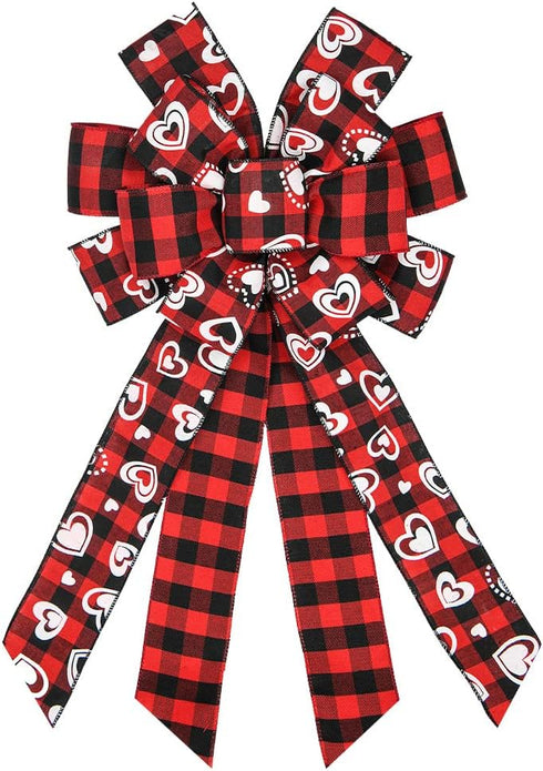 Hying Large Valentines Wreath Bow, Black Red Buffalo Plaid Bows for Holiday Hearts, Burlap Tree Topper for Front Door
