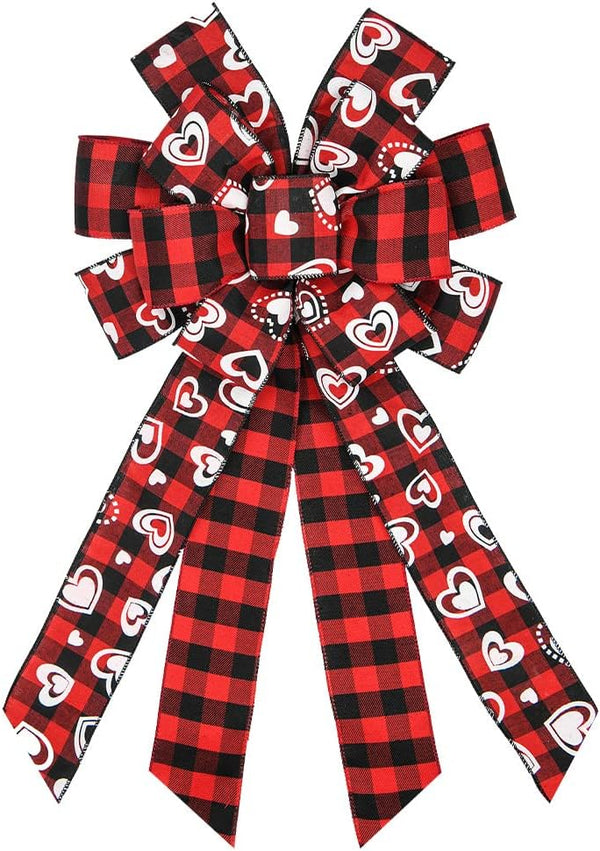Hying Large Valentines Wreath Bow, Black Red Buffalo Plaid Bows for Holiday Hearts, Burlap Tree Topper for Front Door