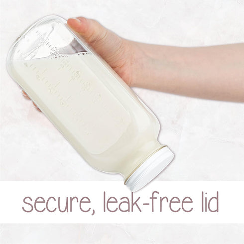 32oz kitchentoolz Square Glass Milk Bottle with White Metal Airtight Lids - Vintage Reusable Milk Jugs - Dairy Drinking