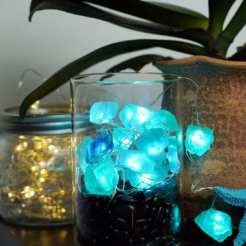 BOHON Natural Fluorite String Lights, Battery Operated with Remote, Sea Glass Raw Stones Decorative Lights 6.5ft 20