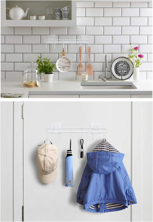 YiZhi Wall Mounted Adhesive Hooks Rack, Space Saving Utensil Holder with 6 Hooks, No Drilling, Pack of 2 (White)