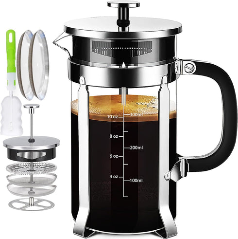 French Press Coffee Maker, 304 Stainless Steel with 4 Filters System, Heat Resistant Borosilicate Glass, BPA-Free