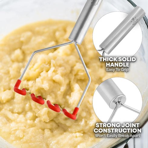 Zulay Kitchen Non-Scratch Potato Masher - Heavy-Duty Stainless Steel & Silicone Hand Masher, Red