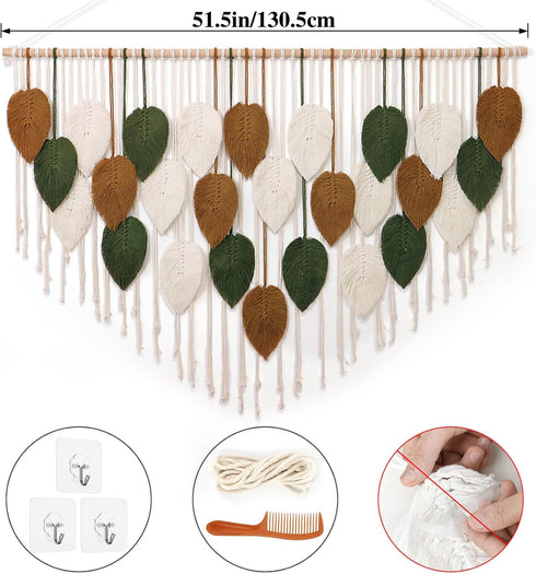 51.5" 33.5" KHOYIME Large Macrame Wall Hanging Boho Woven Tapestry, Chic Home Decor Modern Bohemian Handmade Leaf