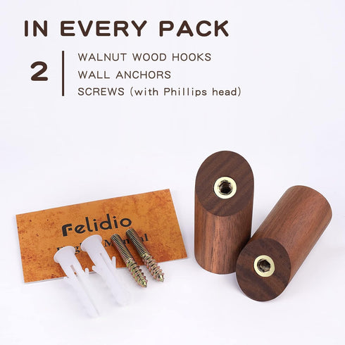 Wooden Wall Hooks, 2 Pack Coat Hooks Wall Mount, Heavy Duty Hooks for Hanging Towels and Coats (Walnut Wood)