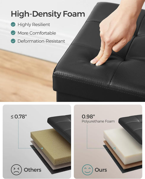 SONGMICS 30 Inches Folding Storage Ottoman Bench with Flipping Lid, Faux Leather, Black