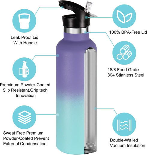 Neihepal 24oz Insulated Water Bottles Bulk 4 Pack, Stainless Steel Double Wall Sport Bottle with Straw Lid, Metal