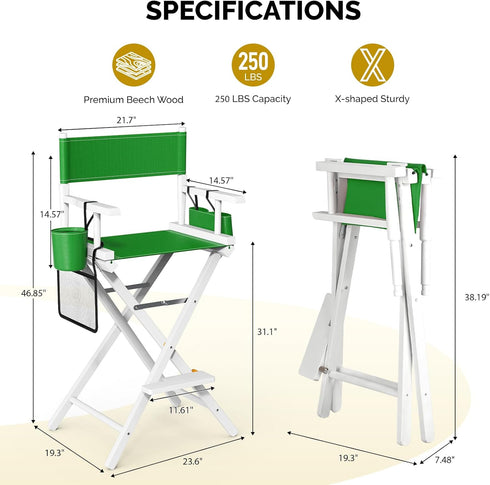 31" 250lb OmySalon Director's Chair Height Folding Portable w/Storage Pouch & Footrest, Makeup Artist Chair for Salon