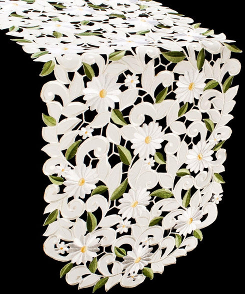 Embroidered Cut Work White Daisy on Ivory Table Runner - Dresser Scarf (16Wx54L)